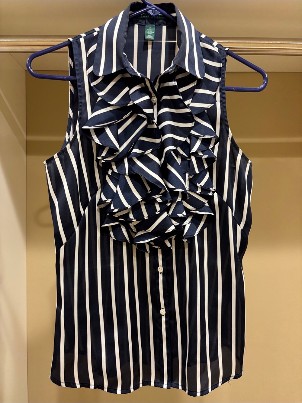 Lauren Ralph Lauren Navy & Cream Sleeveless Ruffle Stripe Blouse